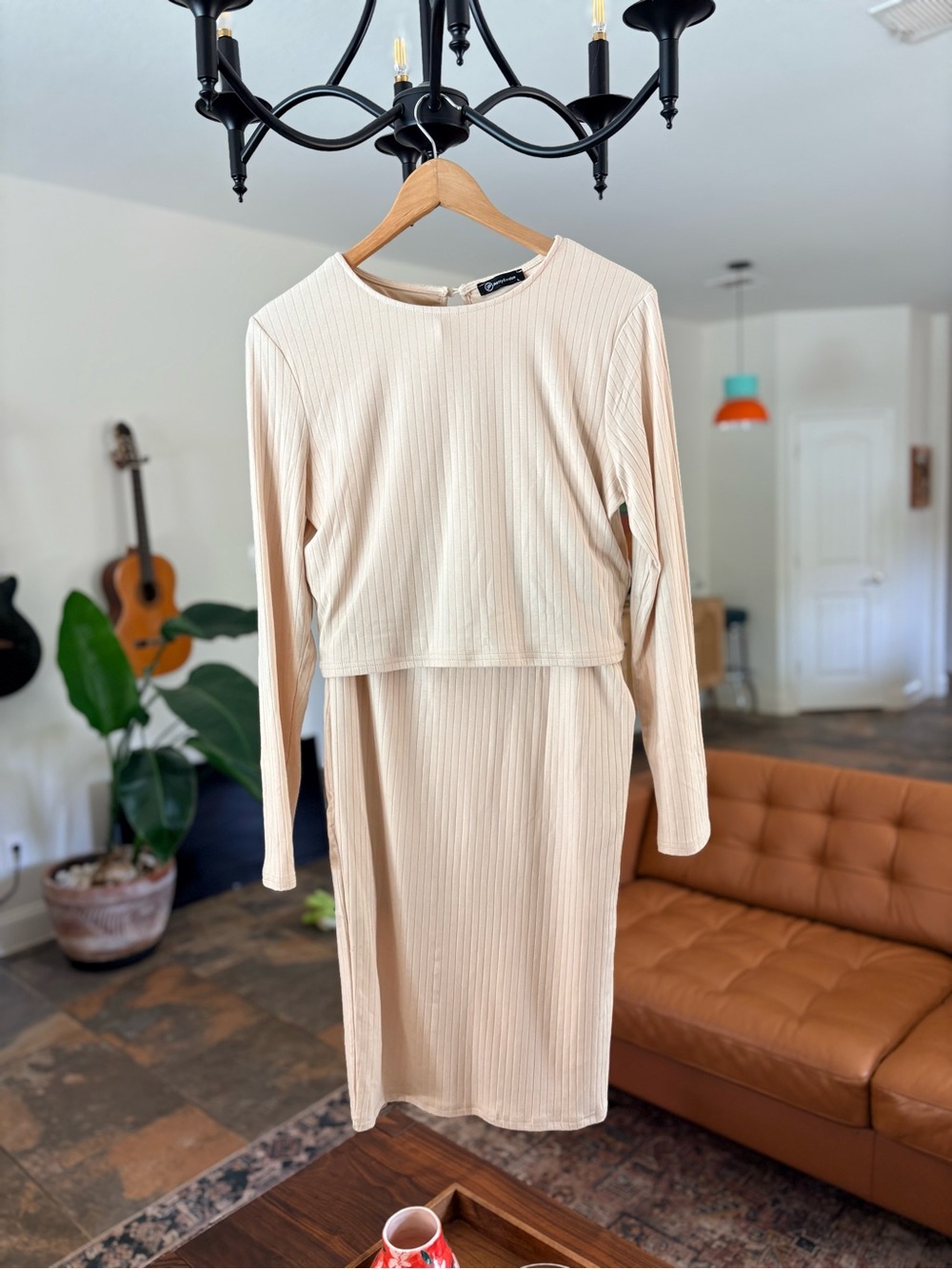 Women's Long Sleeve Ribbed Midi Skirt and skirt Dress in Cream